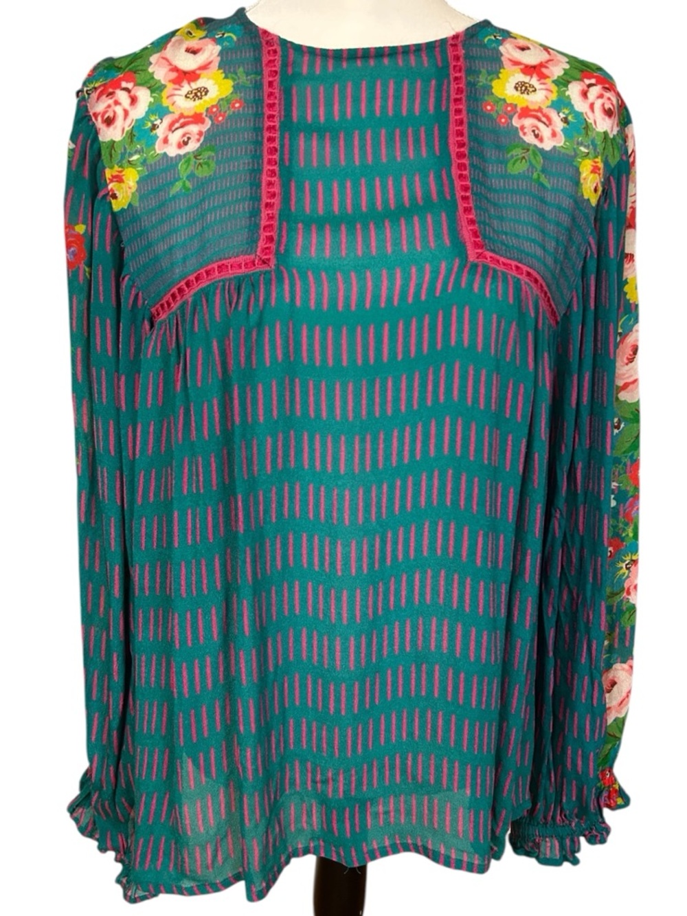 Blank London Teal & Pink Floral-Accent Long Sleeve Blouse